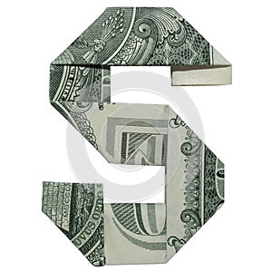 Money Origami LETTER S Character Folded with Real One Dollar Bill Isolated on White Background