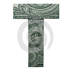 Money Origami LETTER T Character Real One Dollar Bill Isolated on White Background