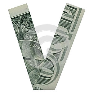 Money Origami LETTER V Character Folded with Real One Dollar Bill Isolated