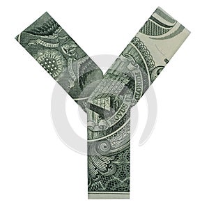 Money Origami LETTER Y Folded with Real One Dollar Bill Isolated on White Background photo