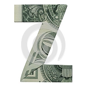 Money Origami LETTER Z Character Folded with Real One Dollar Bill White Background