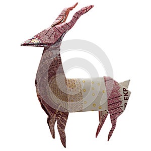 Money Origami Red DEER Animal Folded with Real 10 Euro Note Isolated on White Background
