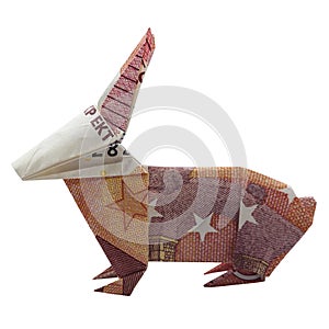 Money Origami Red RABBIT Easter Animal Real 10 Euro Note Isolated on White Background
