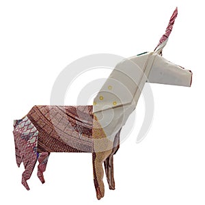 Money Origami Red UNICORN Mystic Animal Folded with Real 10 Euro Note White Background