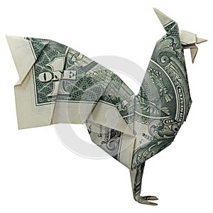 Money Origami ROOSTER Bird Folded with Real One Dollar Bill Isolated on White Background