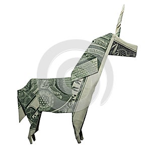 Money Origami UNICORN Mystic Animal Real One Dollar Bill Isolated on White Background