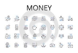 Money line icons collection. Wealth, Currency, Cash, Dough, Bucks, Moolah, Funds vector and linear illustration. Coins photo