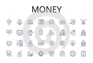 Money line icons collection. Wealth, Currency, Cash, Dough, Bucks, Moolah, Funds vector and linear illustration. Coins photo