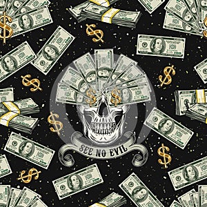 Money pattern with skull with fan of dollar bills