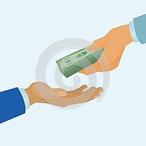 Money payment, banking concept with human hands giving and receiving money cartoon vector illustration.