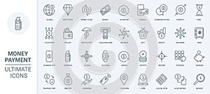 Money payment, financial accounting, savings and profit, banking thin line icons set