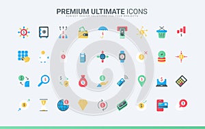 Money payment, financial accounting, savings and profit, banking trendy flat icons set