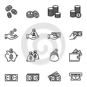 Money and payment icons. Wallet and Coins. Cash and dollar vector linear icons set.