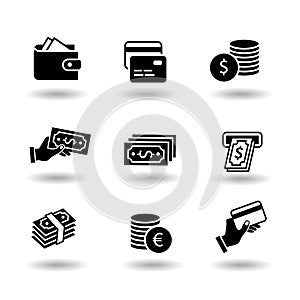 Money and payment solid black vector icon set. Euro and dollar coin, exchange, credit card, pay by card, atm, paper