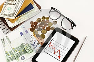 money pen paper tablet and glasses on white background, calculating budget, currency balance, travel concept