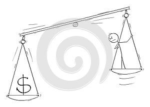 Money and Person on Scale, Human Capital Concept, Vector Cartoon Stick Figure Illustration