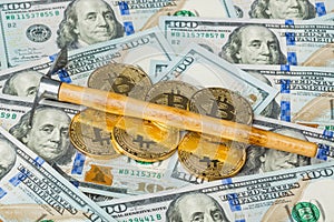 Money and pickaxe on bitcoins