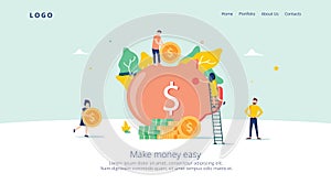 Money Pig Saving for Profit Landing Page. Finance Deposit Earning with Coin Icon. Symbol of Financial Investment