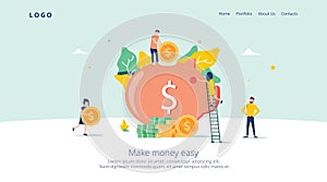 Money Pig Saving for Profit Landing Page. Finance Deposit Earning with Coin Icon. Symbol of Financial Investment photo