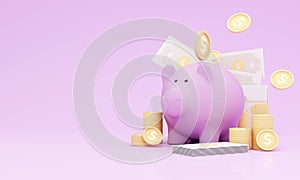 Money Piggy bank creative business concept. Realistic 3d render. Pastel pig keeps gold coins and currency.