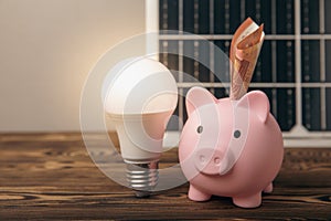 Money, a piggy bank, a LED lamp and a house model on the background of solar panels, close-up.