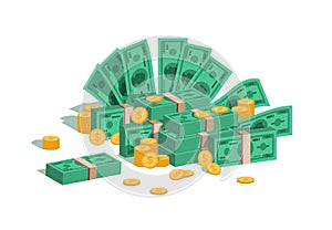 Money pile. Bundle with flying dollars and rolling golden coins, stack of green banknotes and coins. Vector business