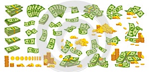 Money pile coin stack flat cartoon set vector