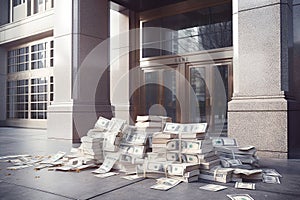 Money Pile in fron of Bank : Financial Success and financial breakdown , bank collapse and economy crash - ai generated