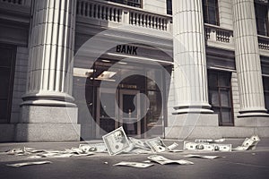 Money Pile in fron of Bank : Financial Success and financial breakdown , bank collapse and economy crash - ai generated