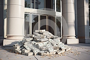 Money Pile in fron of Bank : Financial Success and financial breakdown , bank collapse and economy crash - ai generated