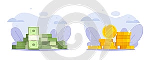 Money pile icon vector or coins stack heap 3d graphic, gold cash and paper currency banknote design cartoon flat sign illustration