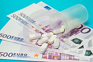 Money pills. Medicine pills on euro bills on a blue background. Covid-19 coronavirus pills are in euro money. The