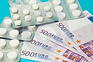 Money pills. Medicine pills on euro bills on a blue background. Covid-19 coronavirus pills are in euro money. The