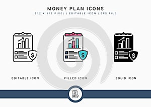 Money plan icons set vector illustration with icon line style. Pension fund plan concept.