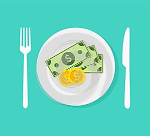 Money in plate. Saucer with payment. Gratuity concept. Cash payment. Flat design, vector illustration on background.