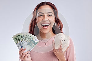 Money, portrait or happy woman with a piggy bank for financial wealth or savings on white background. Finance