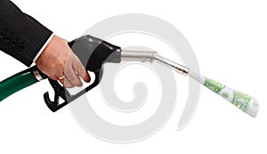 Money pouring from gas nozzle