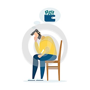 Money problem Financial Trouble Flat Illustration. Depressed Businessman in Need Cartoon Character. Economic Crisis, Business