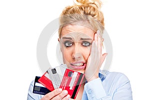 Money Problems Stressed Woman Holding Credit Cards