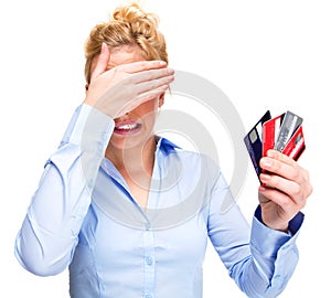 Money Problems Stressed Woman Holding Credit Cards