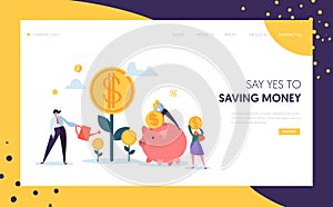 Money Profit Grow Business Landing Page. Investment Financial Concept. People Increasing Capital and Watering Tree