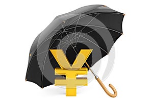 Money Protection Concept. Golden Yen Sign under Umbrella