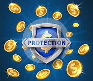 Money protection. Realistic shield, flying golden coins vector illustration