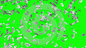 Money rain animated. 100 dollar bills falling on green screen or chroma key. Background 3d 4k