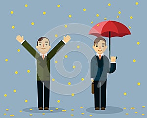 Money rain. Businessman with umbrella standing under rain of golden coins