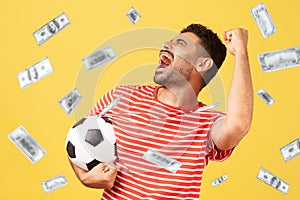 Money rain and rich lucky man with soccer ball