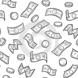 Money rain seamless pattern. Sketch dollar banknotes and coins, falling cash win lottery casino, financial luck