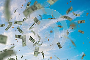 Money raining and falling down from sky. 3D rendered illustration