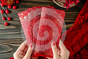 Money in red envelopes to be distributed for good luck during Chinese New Year