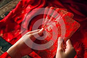 Money in red envelopes to be distributed for good luck during Chinese New Year